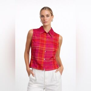 CASSANI 100% Silk Plaid Sleeveless Blouse – Hot Pink Orange Collared Top Size L